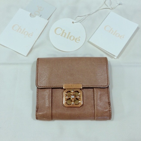 Chloe Elsie Neutral Beige Leather Wallet with Gold Accent Lock
